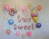 Cursive Two Sweet Balloon Party Pack Includes Everything Shown 2nd birthday balloons second birthday balloons two sweet donut balloon set