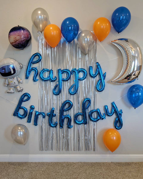 Outer Space Birthday Decorations Astronaut Balloon Blue Cursive Happy Birthday Balloons Birthday Balloons Includes all pictured balloons