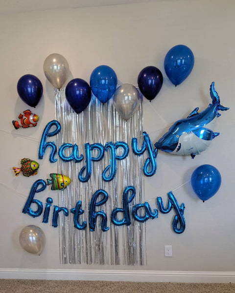 Shark Birthday Decorations Under the Sea Balloons Blue Cursive Happy Birthday Balloons Birthday Balloons Includes all pictured balloons
