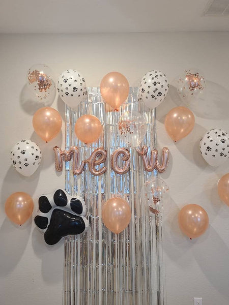 Meow Birthday Balloon Set Paw Print Balloon Pet Birthday Balloon Rose Gold Cursive Meow Balloon Fur Ever Young Pawty Cat Birthday Party