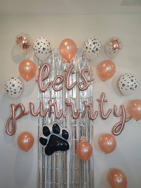 Lets Purrrty Balloon Set Paw Print Balloon Lets Purrty Pet Birthday Balloon Rose Gold Cursive Meow Balloon Pawty Cat Birthday Party
