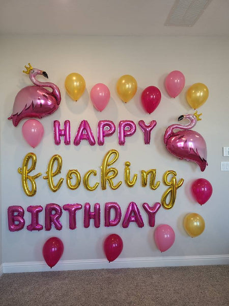 Happy Flocking Birthday Balloons Decorations Birthday Decor INCLUDES ALL decorations shown Birthday Decorations Flamingo Birthday Adult