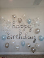 Cursive Silver Happy Birthday Balloons Frozen Birthday Winter Birthday Winter Wonderland Winter Onederland Elsa Ballooms Snowflake Decor