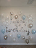 Cursive Silver Happy Birthday Balloons Frozen Birthday Winter Birthday Winter Wonderland Winter Onederland Elsa Ballooms Snowflake Decor