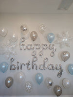 Cursive Silver Happy Birthday Balloons Frozen Birthday Winter Birthday Winter Wonderland Winter Onederland Elsa Ballooms Snowflake Decor