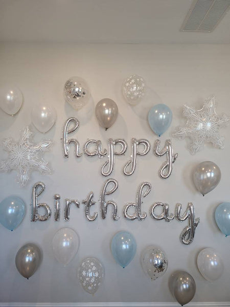 Cursive Silver Happy Birthday Balloons Frozen Birthday Winter Birthday Winter Wonderland Winter Onederland Elsa Ballooms Snowflake Decor
