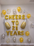 CUSTOM AGE Cheers to XX Years Balloons with Custom Age Cheers to Years Banner Birthday Balloons Champagne Balloons Wine Balloons