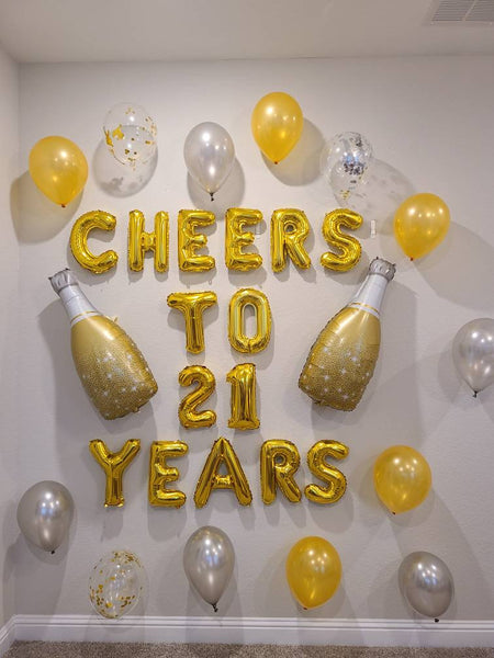 CUSTOM AGE Cheers to XX Years Balloons with Custom Age Cheers to Years Banner Birthday Balloons Champagne Balloons Wine Balloons