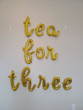 Gold Cursive Tea For Three Balloon 3rd birthday balloons third birthday balloons tea balloons Gold Three Jumbo 3 Tea Party Balloons
