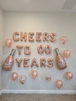 Rose Gold CUSTOM AGE Cheers to XX Years Balloons with Custom Age Cheers to Years Banner Birthday Balloons Champagne Balloons