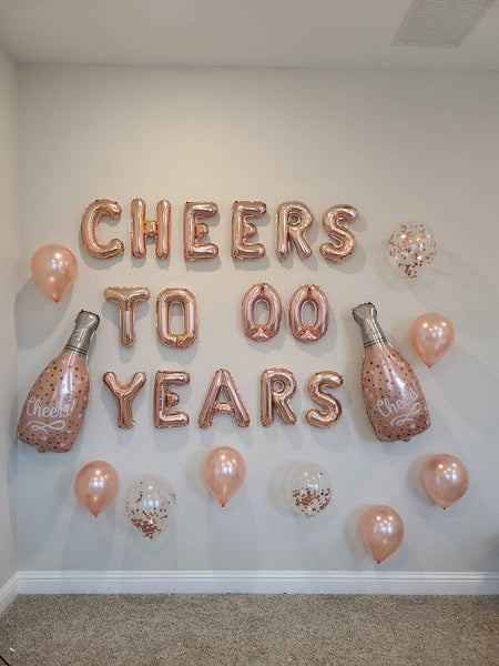Rose Gold CUSTOM AGE Cheers to XX Years Balloons with Custom Age Cheers to Years Banner Birthday Balloons Champagne Balloons