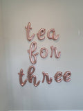 Gold Cursive Tea For Three Balloon 3rd birthday balloons third birthday balloons tea balloons Gold Three Jumbo 3 Tea Party Balloons