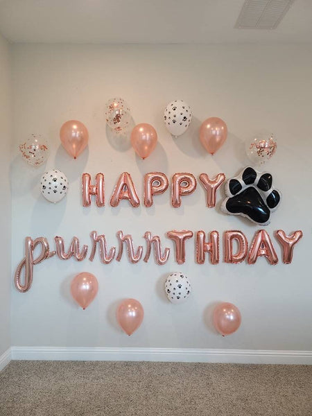 Happy Purrrthday Balloon Set Paw Print Balloon Lets Purrty Cat Birthday Balloon Rose Gold Cursive Meow Balloon Pawty Lets Purrrty Purrty