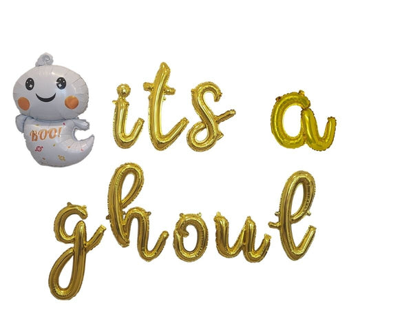 Gold Cursive It's a Ghoul Balloon Banner with Ghost Balloon Halloween Balloons Halloween Gender Reveal Halloween Baby shower