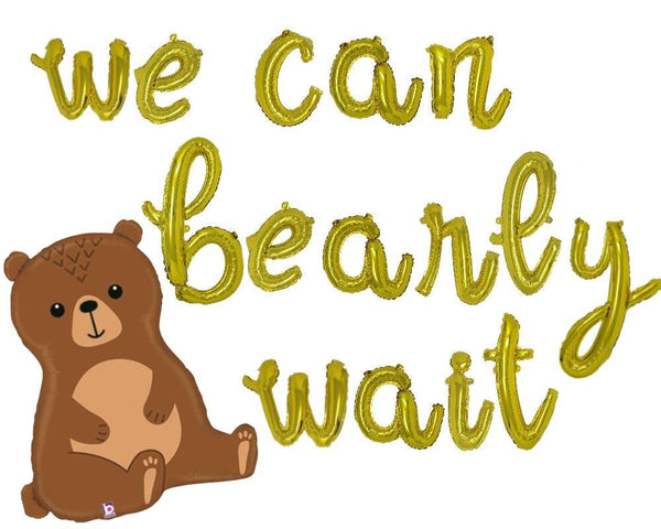 Gold Cursive we can bearly wait Balloon Banner with Bear Balloon Bear Baby Shower Balloons Gender Balloons Bear Balloon Bear Banner