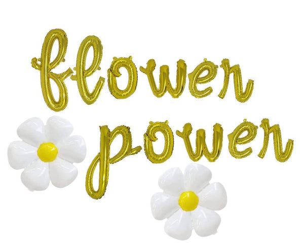 Gold Cursive Flower Power Balloon Banner with Daisy Balloons Flower Power Banners 1960s Party 60s Party Flower Balloon 1970s Party 70s Party